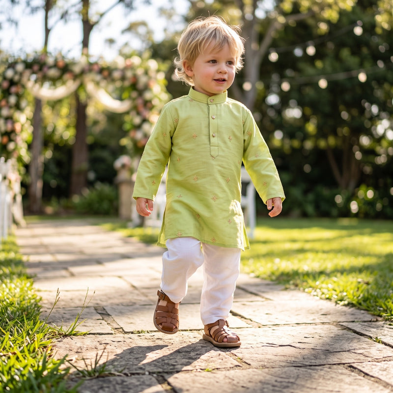 Boys Lime Green Gold Motif Embroidered Kurta – 2–3 Years 3