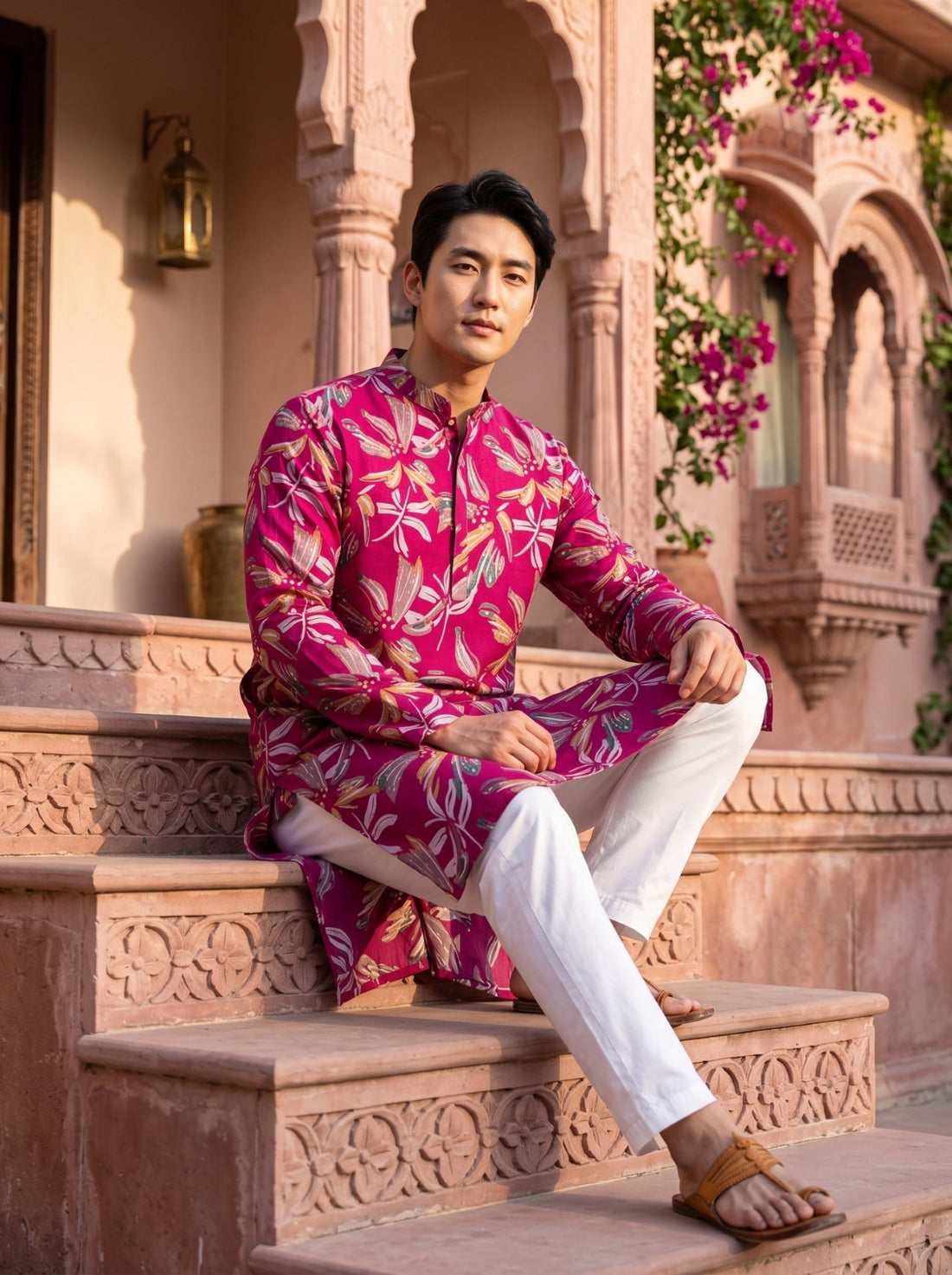 TryBuy men's fuchsia leaf-print kurta TB_21137, seated view showing the regular fit, front placket and side slit.