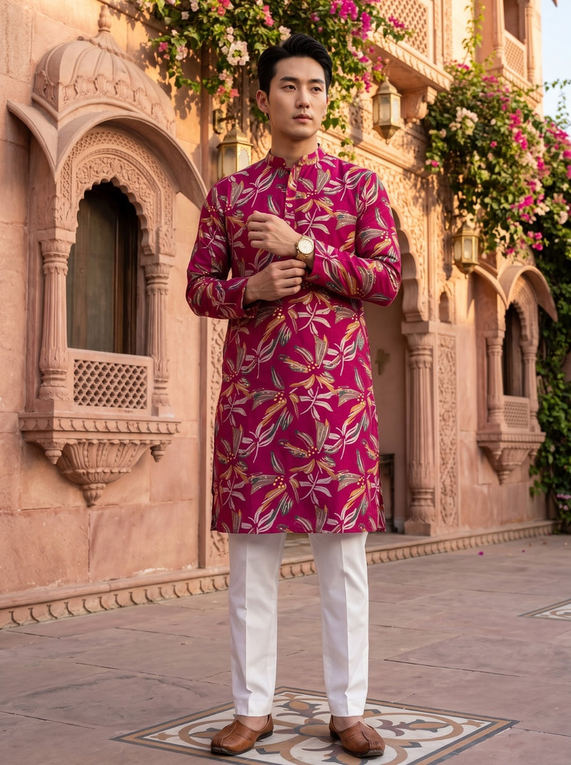 Men's Fuchsia Botanical Print Viscose Rayon Blend Kurta 9