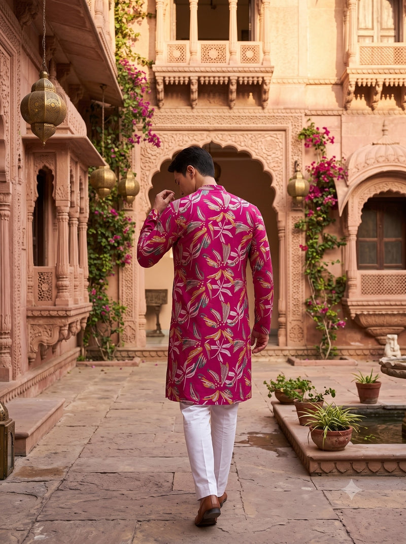 Men's Fuchsia Botanical Print Viscose Rayon Blend Kurta 3