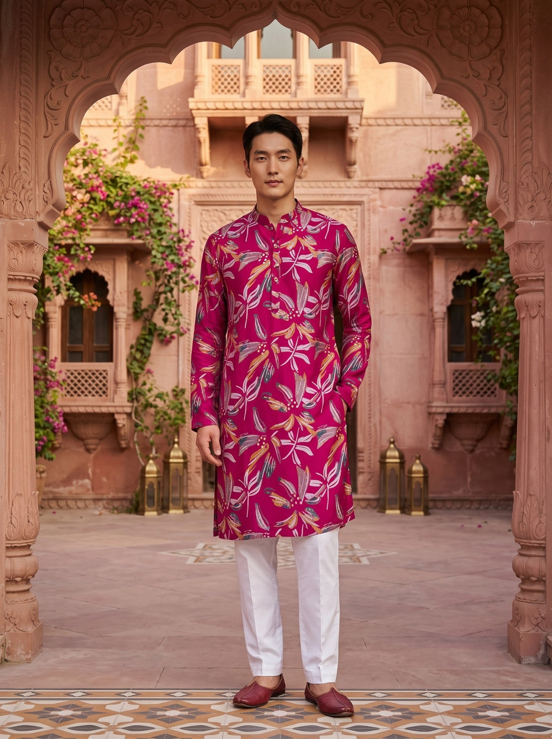 TryBuy men's fuchsia leaf-print kurta TB_21137, full front view with mandarin collar and long sleeves.