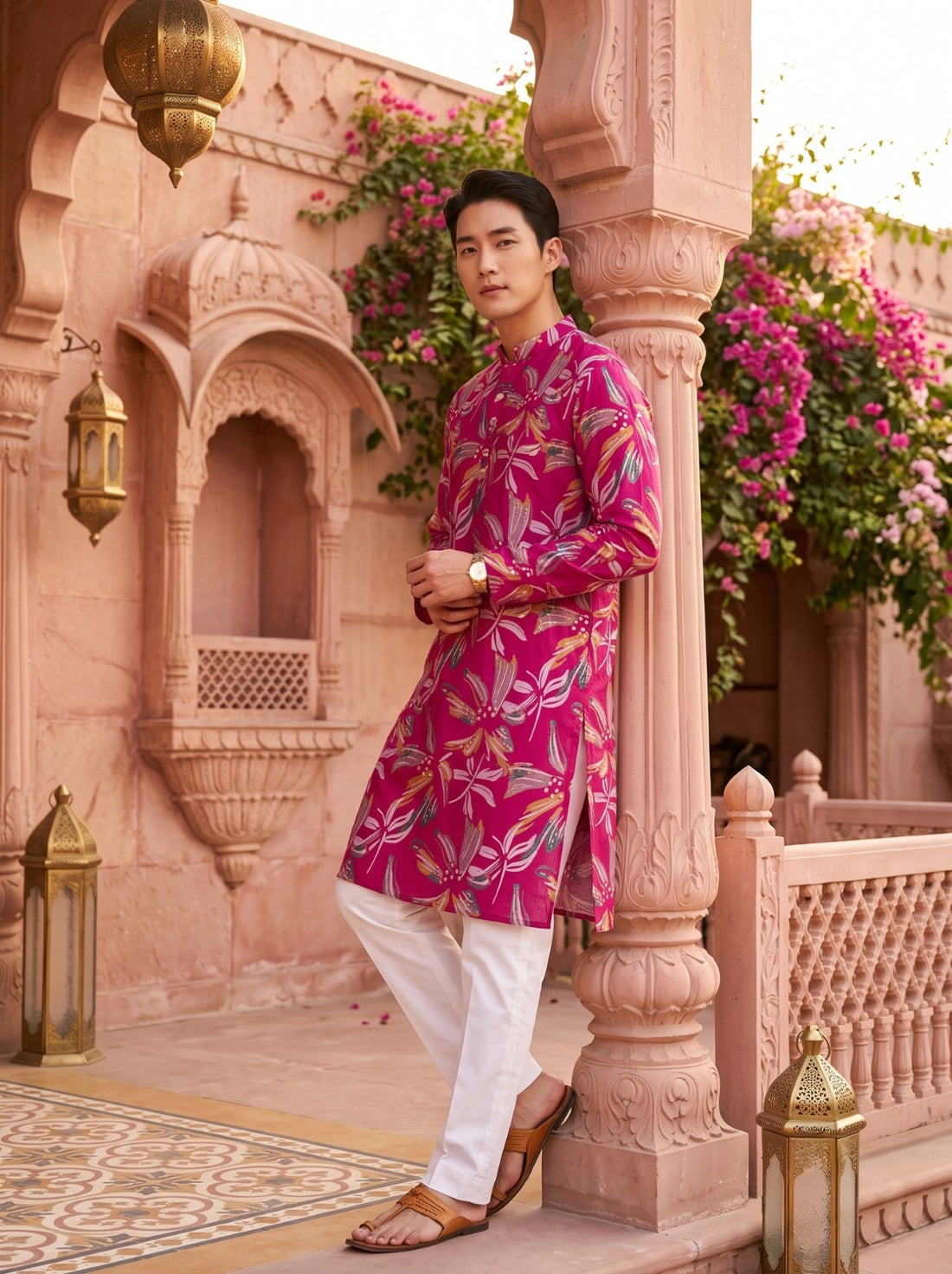 TryBuy men's magenta leaf-print kurta TB_21137, three-quarter view showing long sleeves, straight hem and side slit.