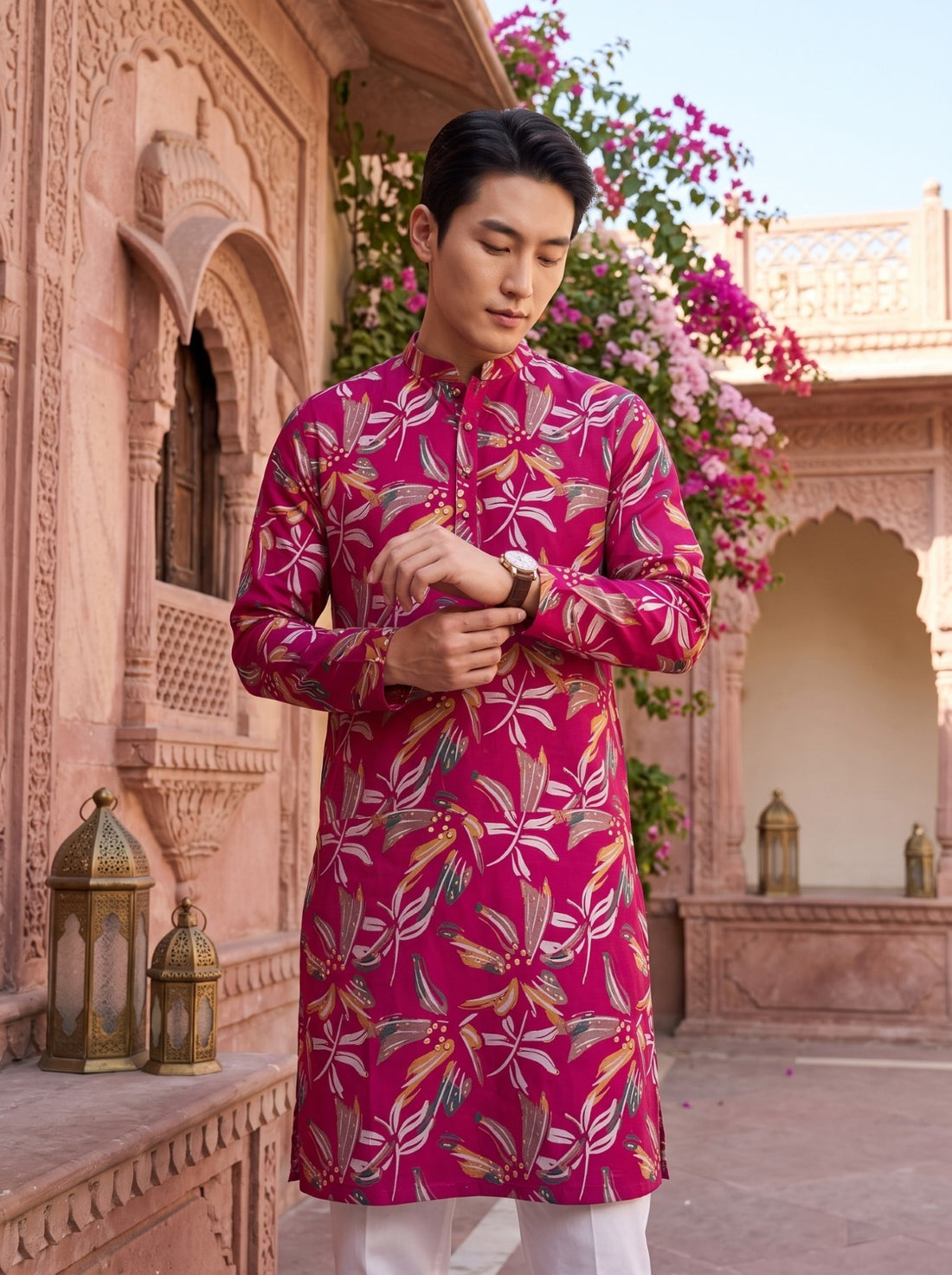 TryBuy TB_21137 fuchsia viscose-rayon blend kurta, sleeve detail and close view of the multicolor botanical print.