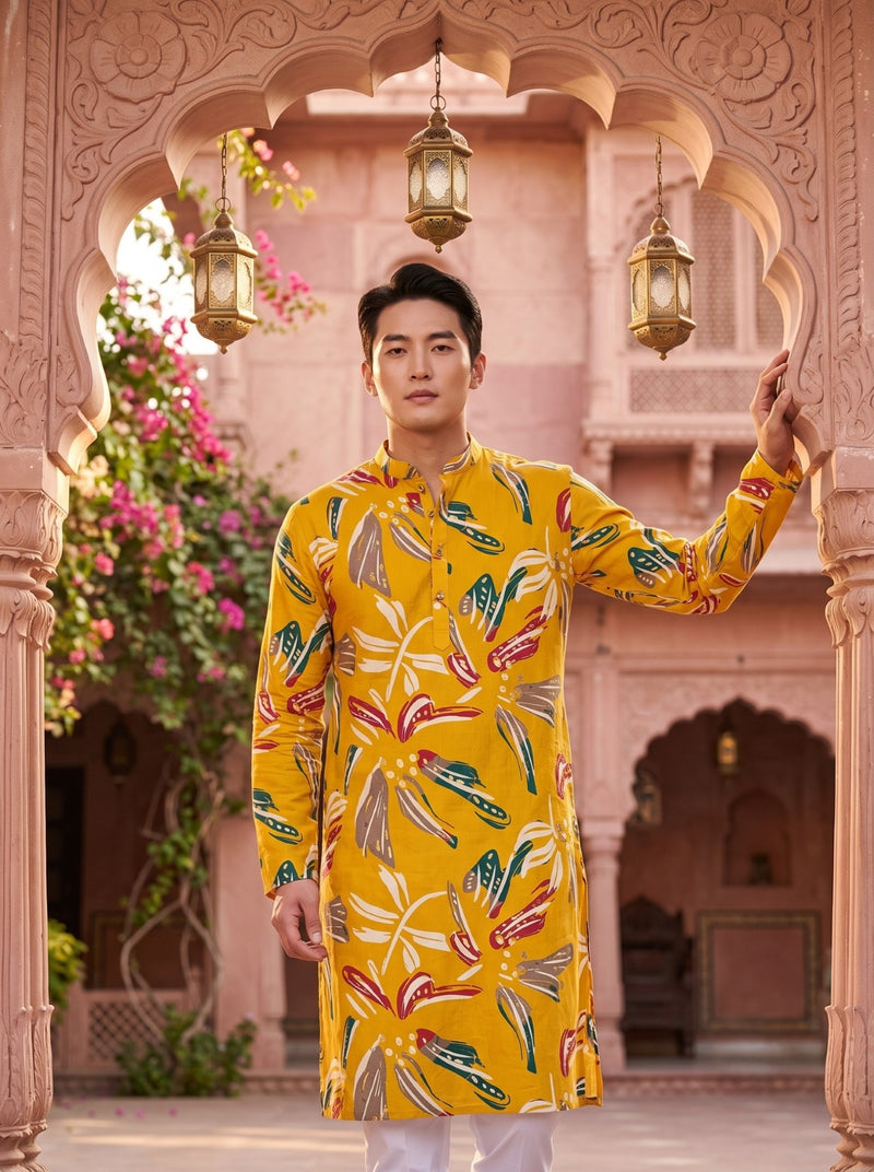 Men's Mustard Yellow Botanical Print Viscose Rayon Blend Kurta 6