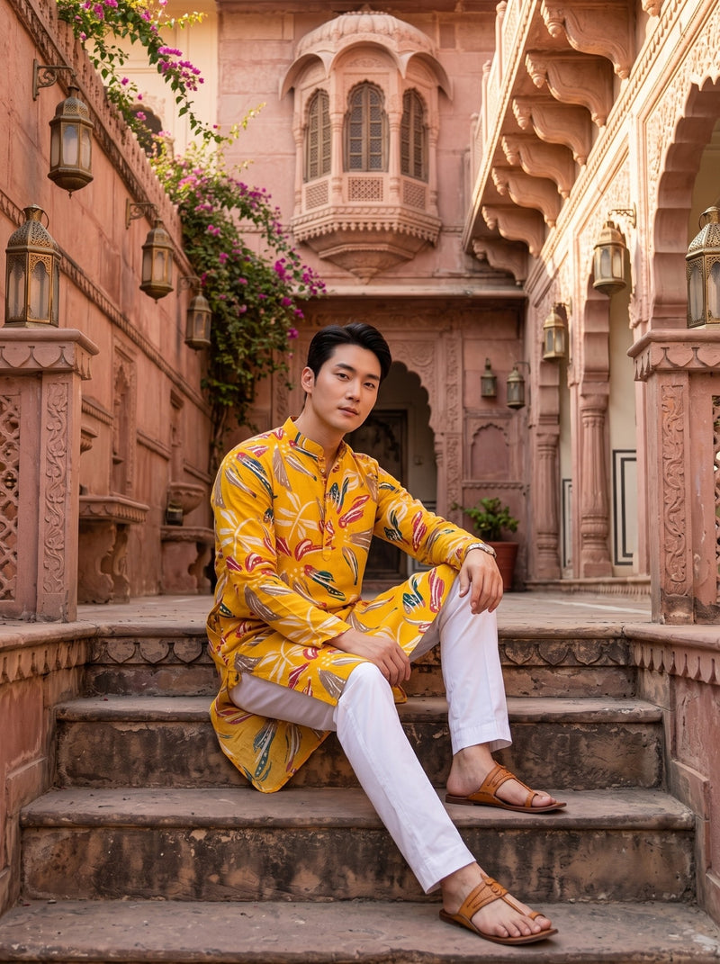 Men's Mustard Yellow Botanical Print Viscose Rayon Blend Kurta 9