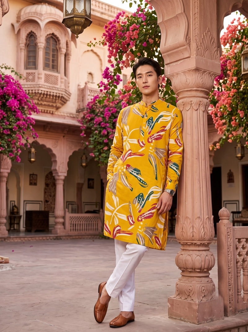 Men's Mustard Yellow Botanical Print Viscose Rayon Blend Kurta 4
