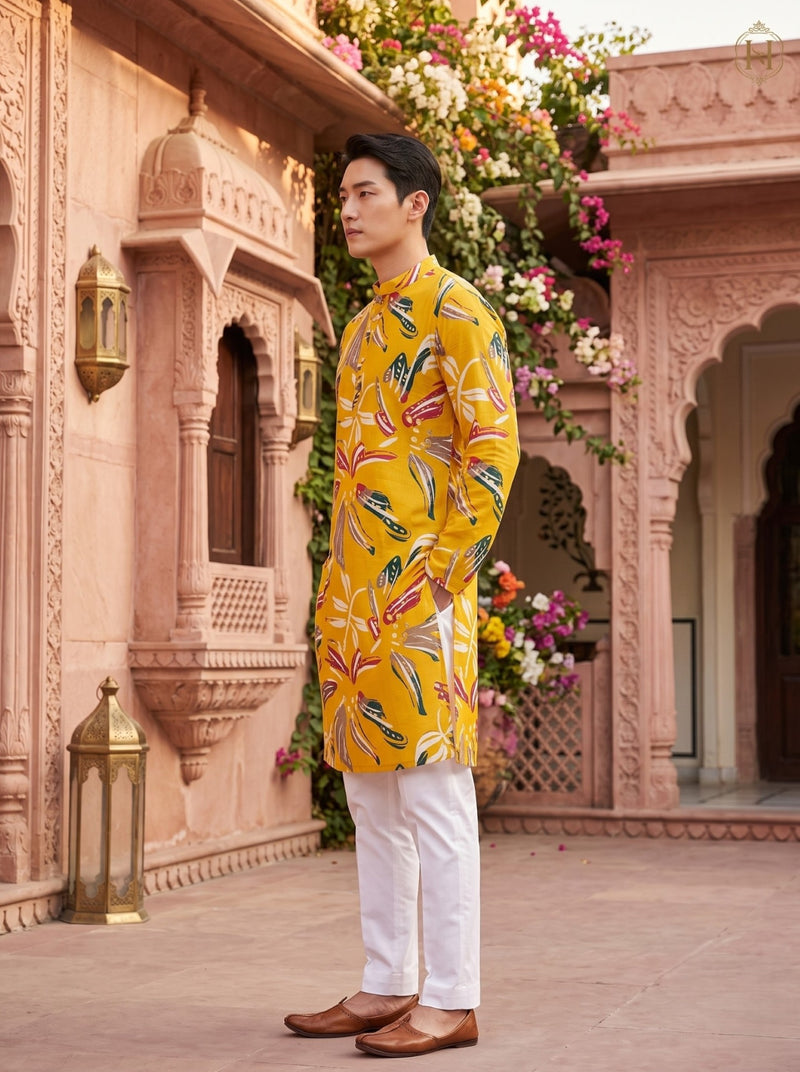Men's Mustard Yellow Botanical Print Viscose Rayon Blend Kurta 7