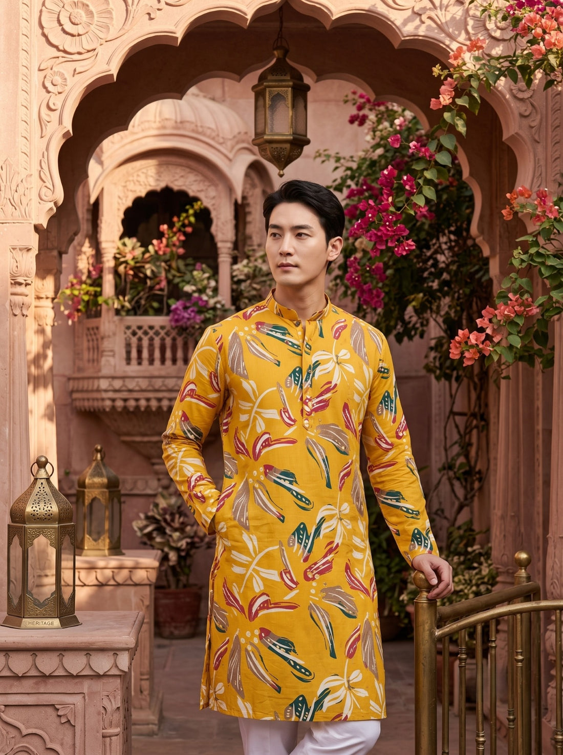 Side profile of TryBuy TB_21138 men's mustard botanical kurta, showing the regular fit, side pocket, long sleeves and side slit.