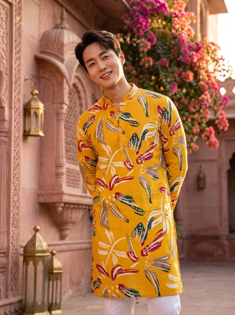 Men's Mustard Yellow Botanical Print Viscose Rayon Blend Kurta 3