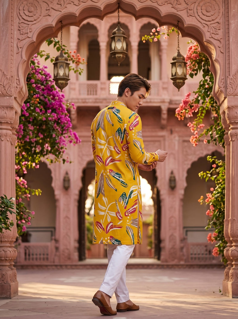 Men's Mustard Yellow Botanical Print Viscose Rayon Blend Kurta 5