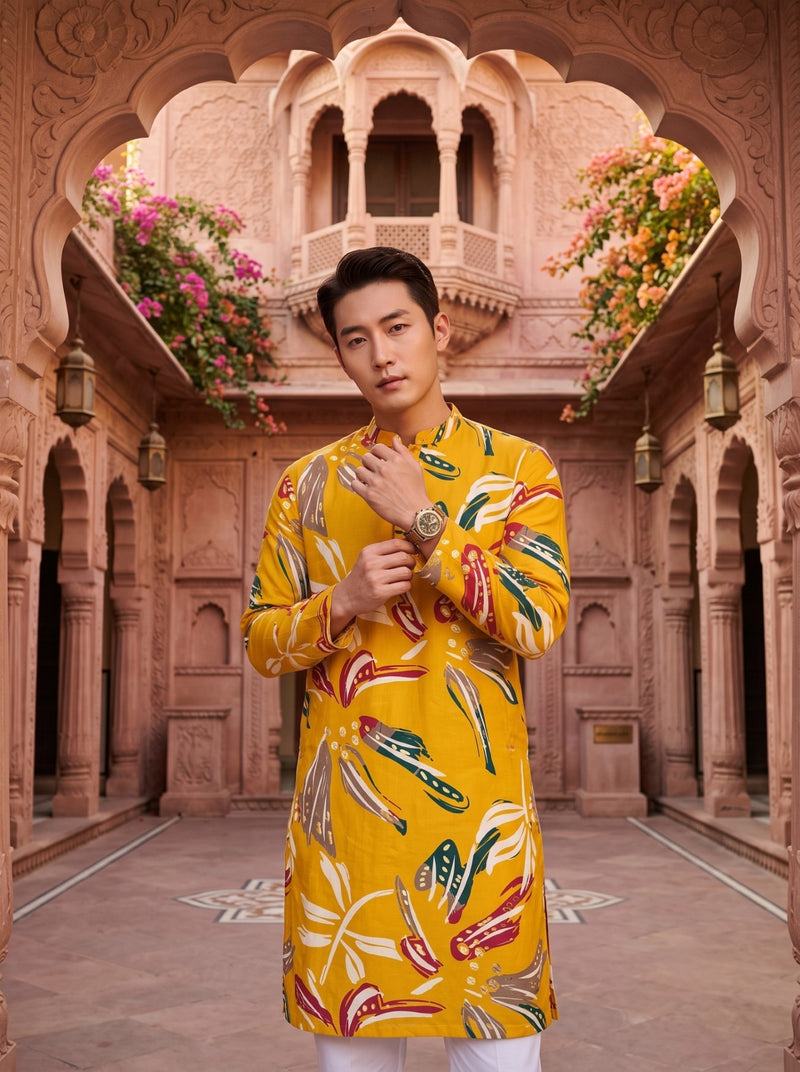 Men's Mustard Yellow Botanical Print Viscose Rayon Blend Kurta 11