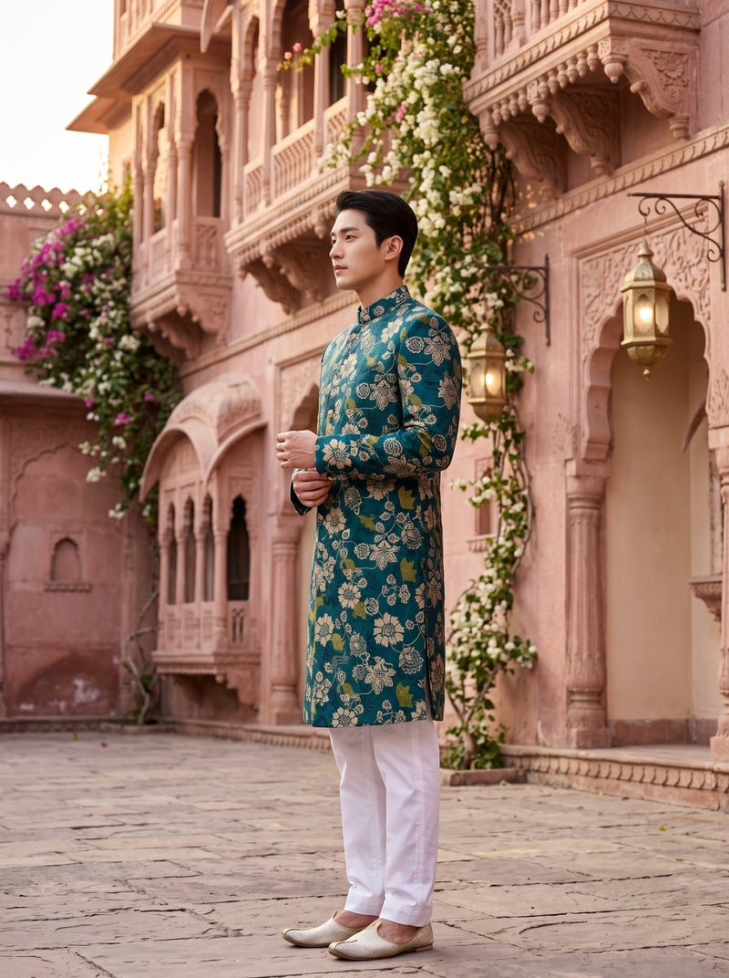 Men's Teal Green Botanical Floral Print Viscose Rayon Kurta 7
