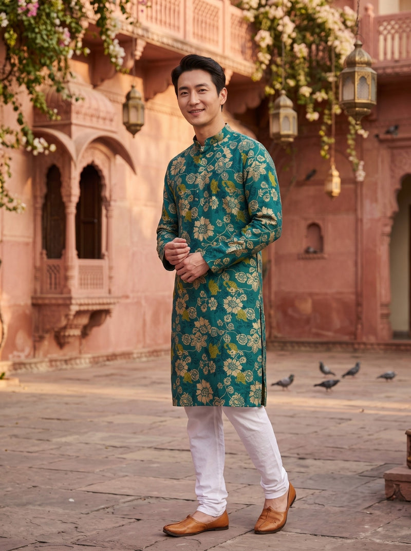 Men's Teal Green Botanical Floral Print Viscose Rayon Kurta 3