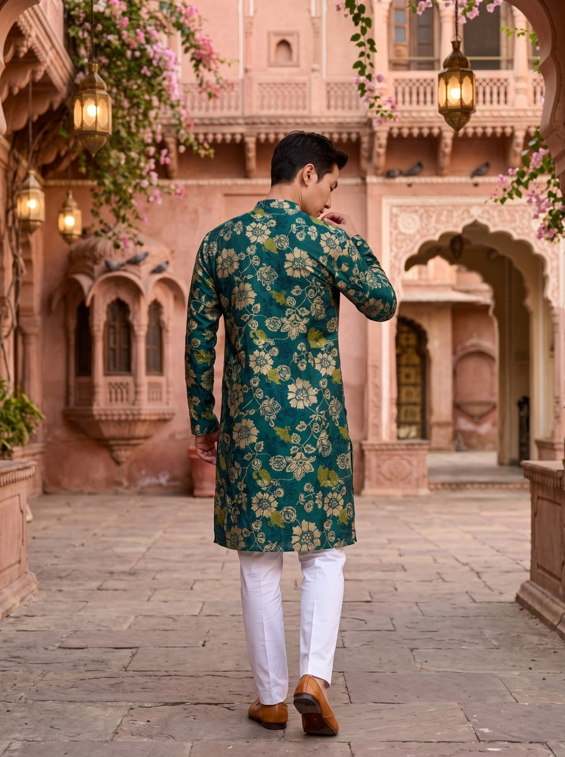 Back view of TryBuy TB_21139 men's teal green botanical floral print kurta, showing the all-over beige and olive pattern and full sleeves.