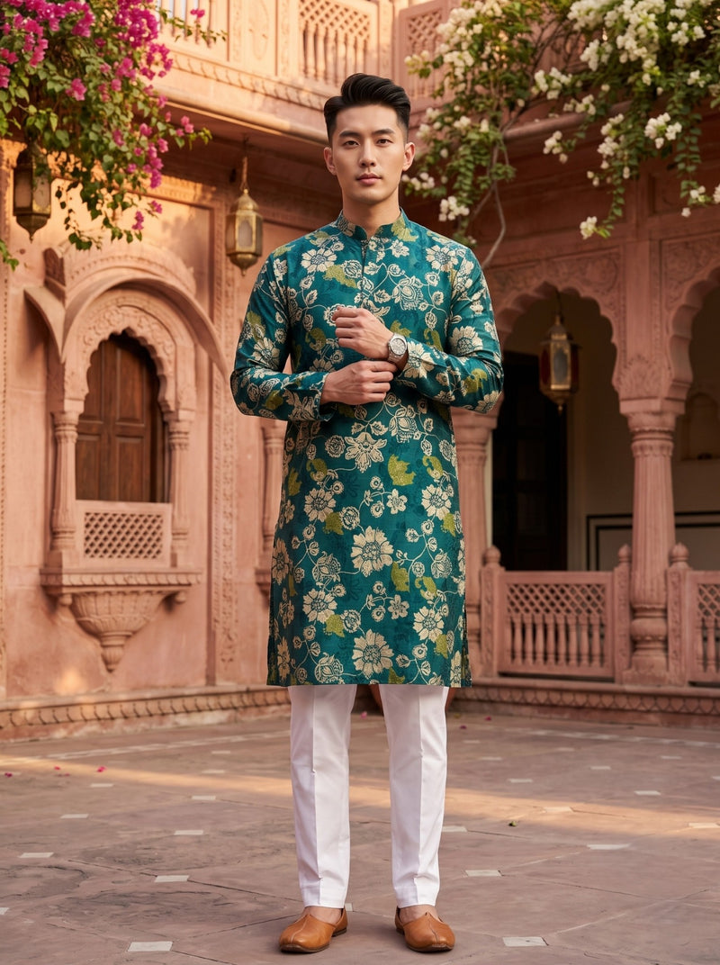 Men's Teal Green Botanical Floral Print Viscose Rayon Kurta 10
