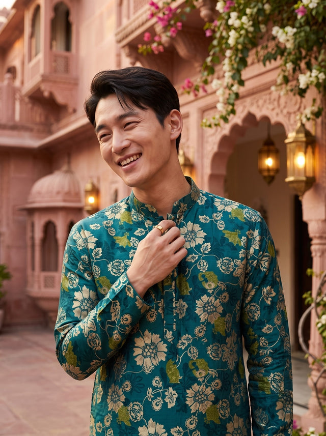 TryBuy TB_21139 men's teal green botanical floral print kurta, upper front view showing the mandarin collar, beige floral motifs and olive accents.
