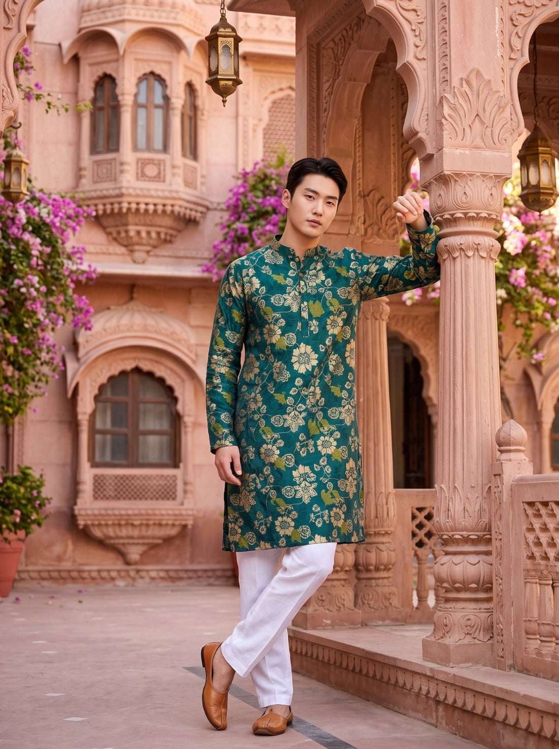TryBuy TB_21139 men's teal green festive kurta, standing full-length view highlighting the beige and olive botanical floral print.