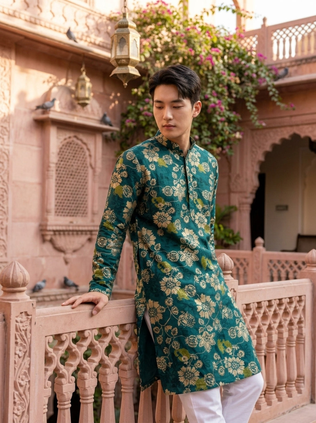 TryBuy TB_21139 teal green floral print kurta, lifestyle three-quarter view highlighting the beige botanical motifs and mandarin collar.