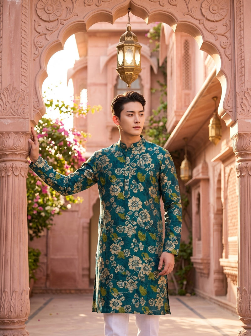 Men's Teal Green Botanical Floral Print Viscose Rayon Kurta 6