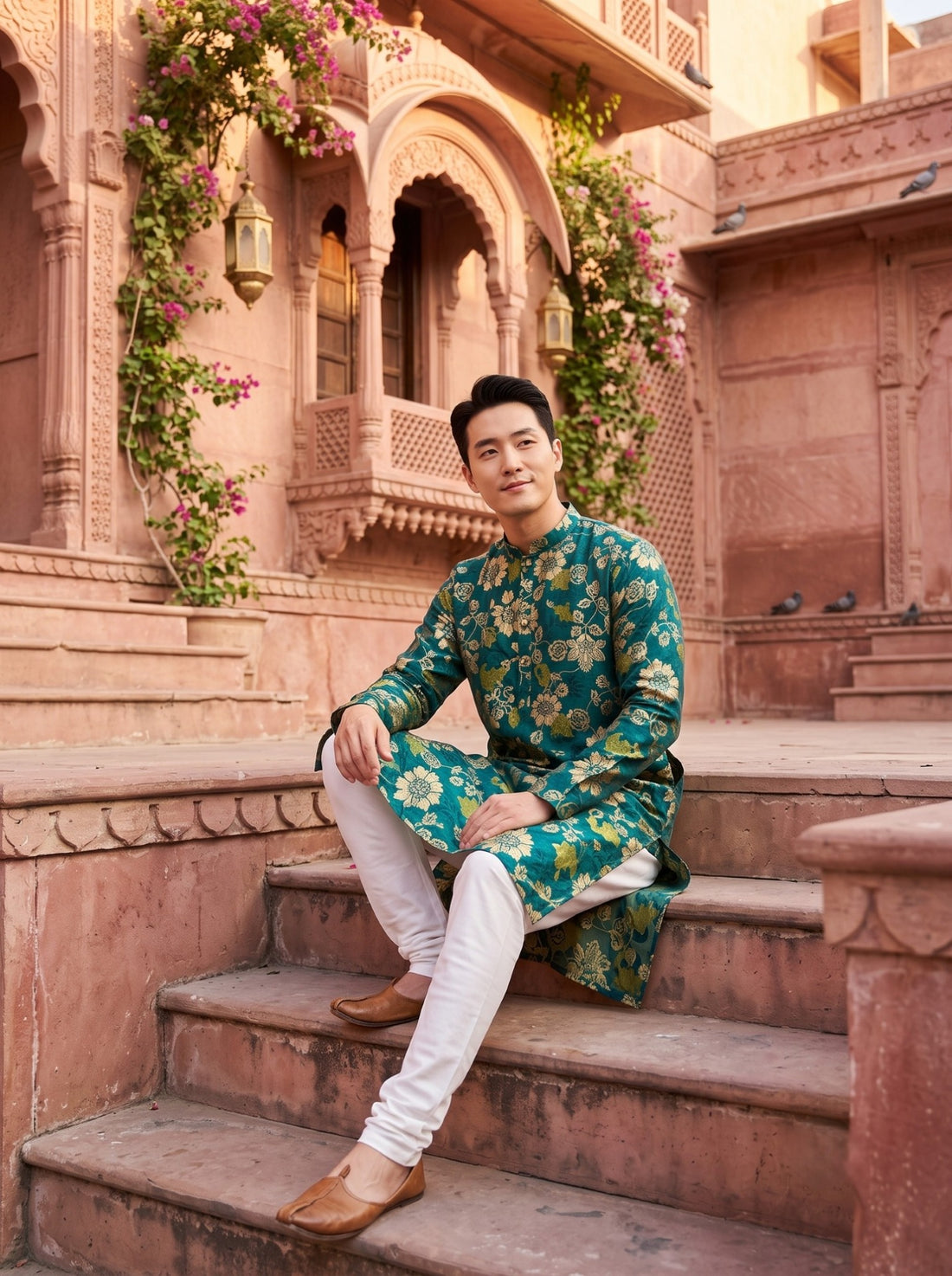 TryBuy TB_21139 men's teal green botanical kurta, seated lifestyle view showing the long kurta length, full sleeves and floral print.