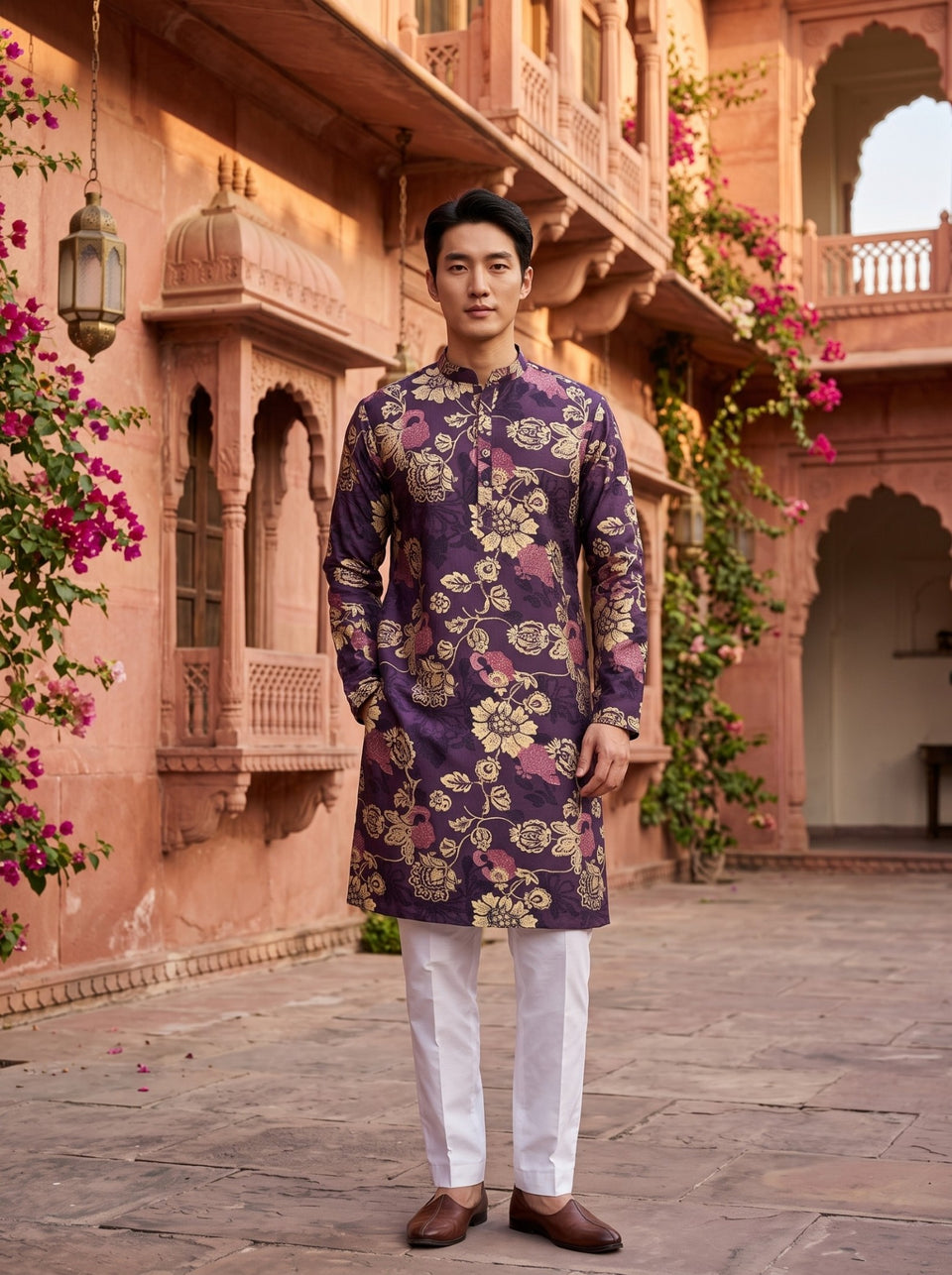 TryBuy TB_21140 men's plum purple botanical floral print kurta, straight full-front view with mandarin collar, full sleeves and white ethnic trousers.