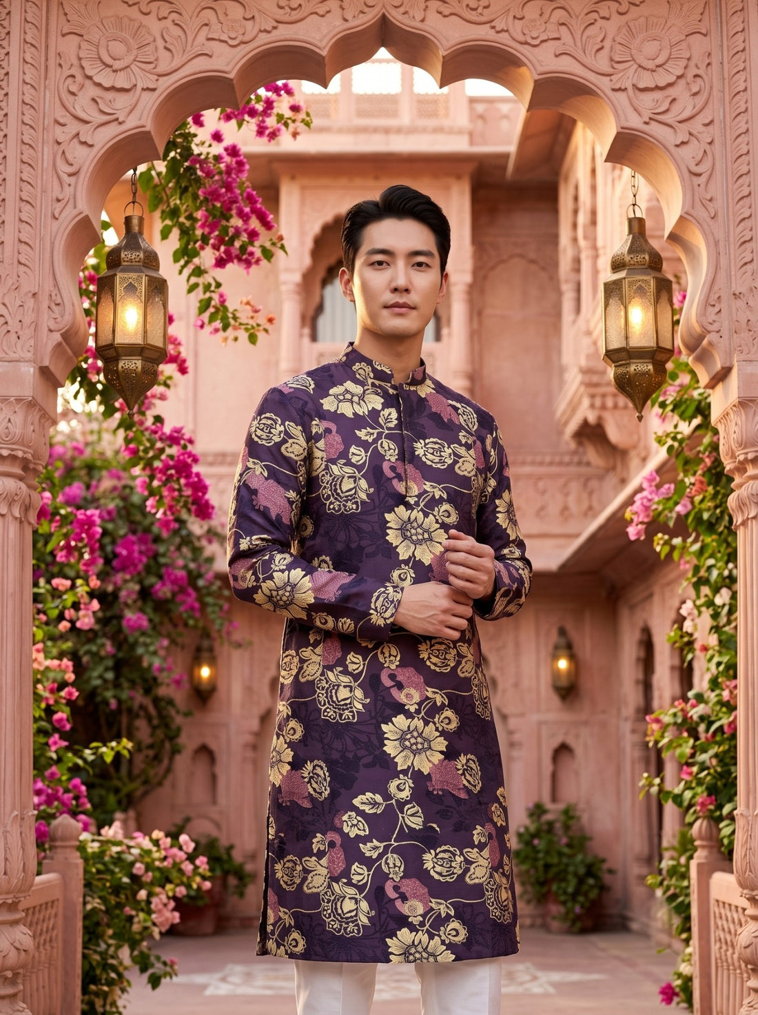 TryBuy TB_21140 men's plum purple floral botanical print kurta, front lifestyle view framed by an arch and highlighting the mandarin collar and statement print.