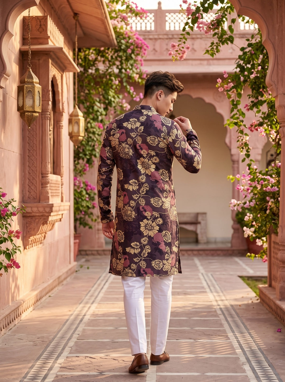 Back view of TryBuy TB_21140 men's plum purple floral botanical print kurta showing the all-over beige and mauve floral pattern and full sleeves.
