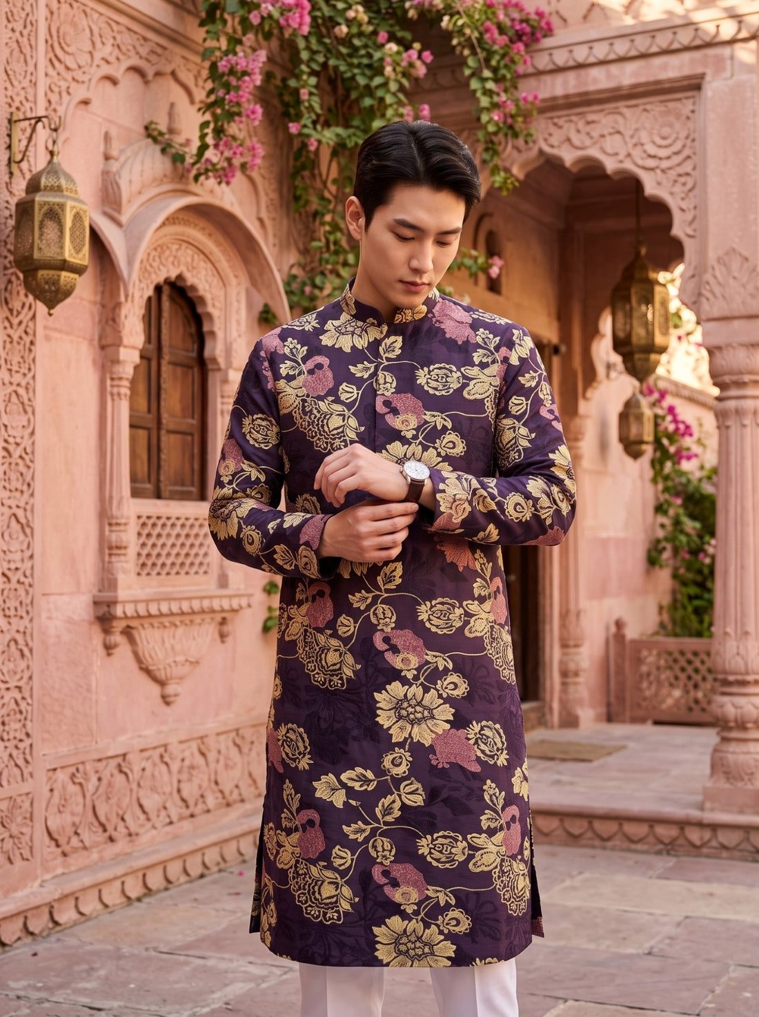 TryBuy TB_21140 men's plum purple floral botanical print kurta, upper-body detail showing the mandarin collar, front placket and beige floral motifs.