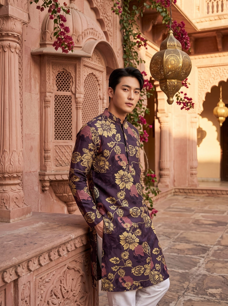 Men's Plum Purple Floral Peacock Print Viscose Rayon Blend Kurta 8