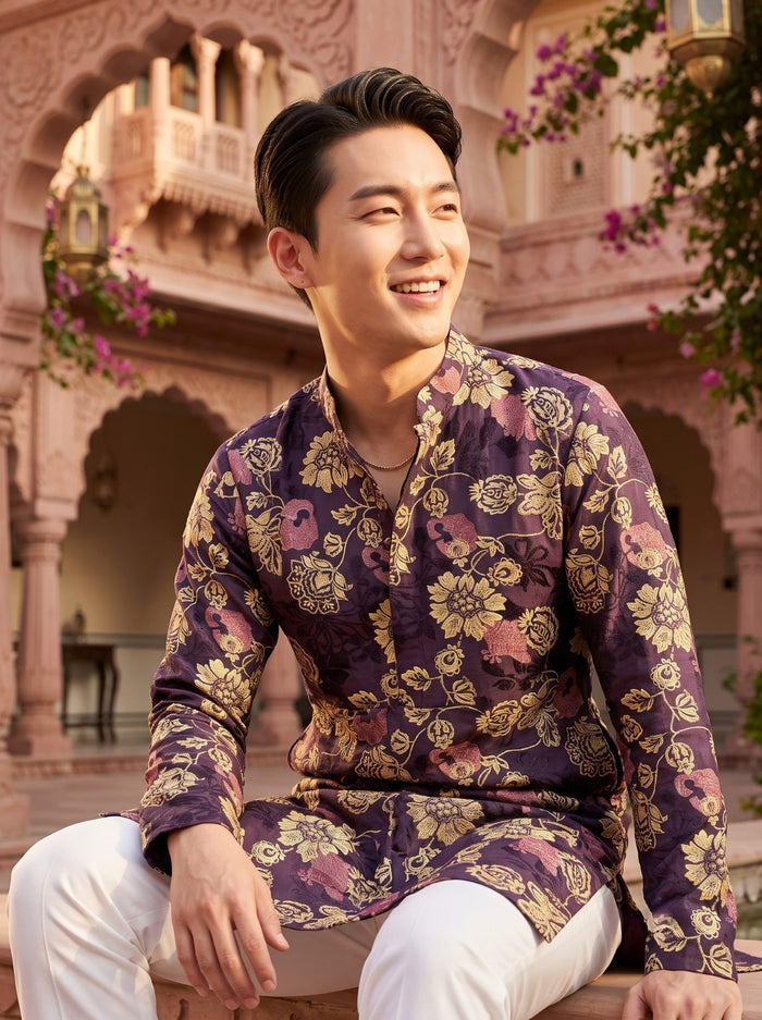 Men's Plum Purple Floral Peacock Print Viscose Rayon Blend Kurta 2