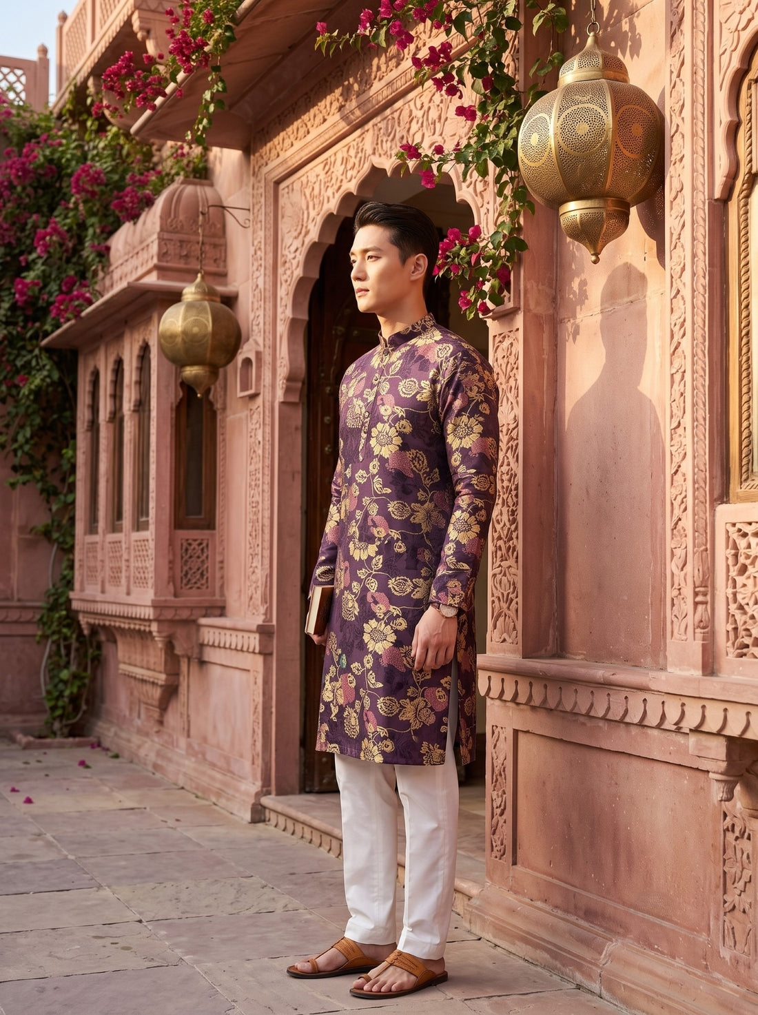 TryBuy TB_21140 men's plum purple floral botanical print kurta, side-profile full-length view showing the straight long silhouette and side slit.