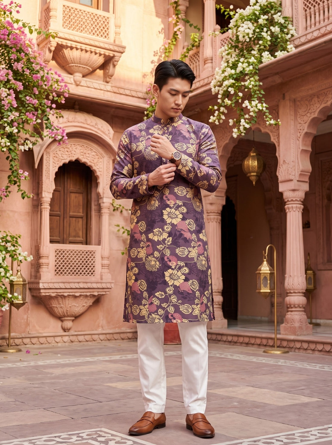 TryBuy TB_21140 men's plum purple floral botanical print kurta, standing full-length view highlighting the mandarin collar, cuffs and all-over floral pattern.
