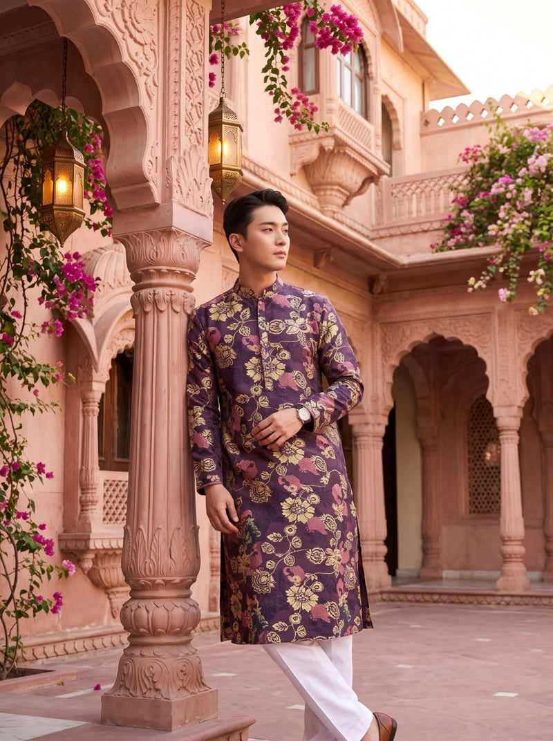 Men's Plum Purple Floral Peacock Print Viscose Rayon Blend Kurta 4