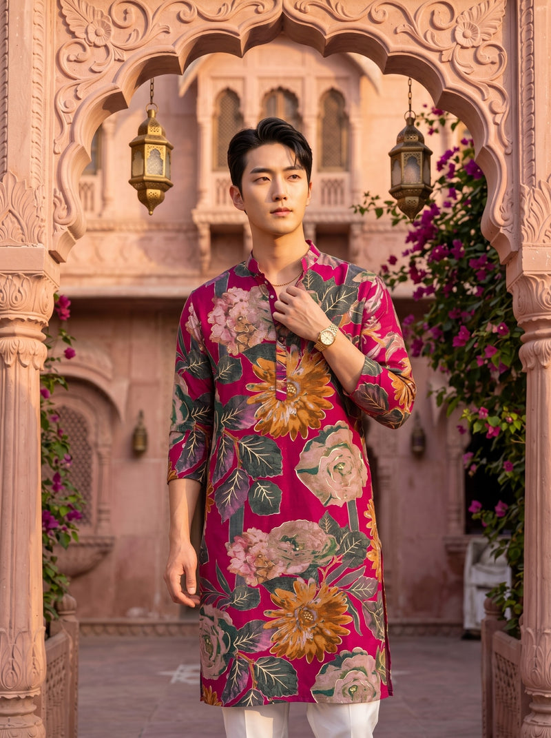 Men's Fuchsia Multicolour Floral Print Viscose Rayon Blend Kurta 6