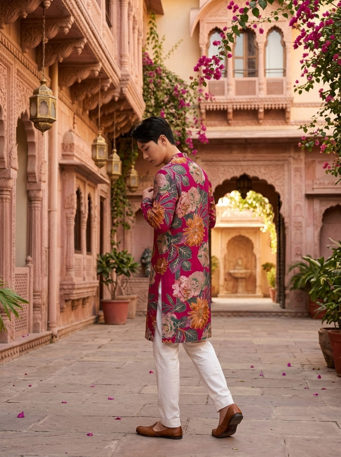 Back view of TryBuy TB_21141 men's fuchsia magenta floral print kurta showing the oversized botanical pattern, full sleeves and straight silhouette.