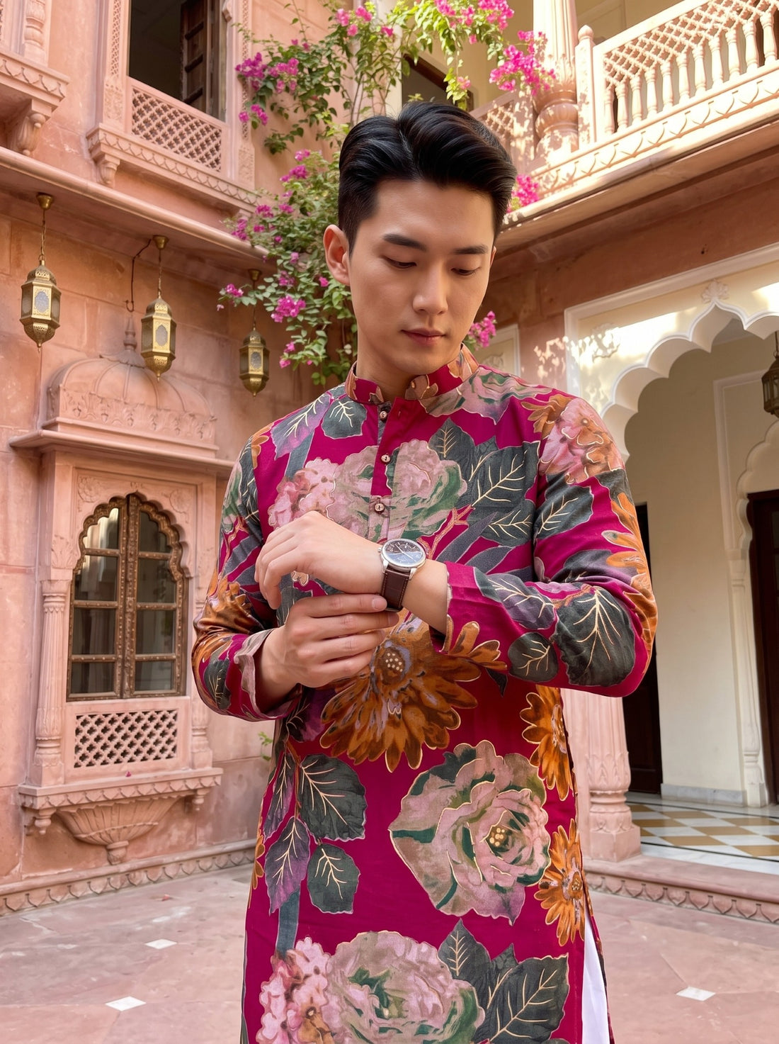 TryBuy TB_21141 men's fuchsia magenta floral print kurta, upper-body detail showing the mandarin collar, front placket and multicolour floral motifs.