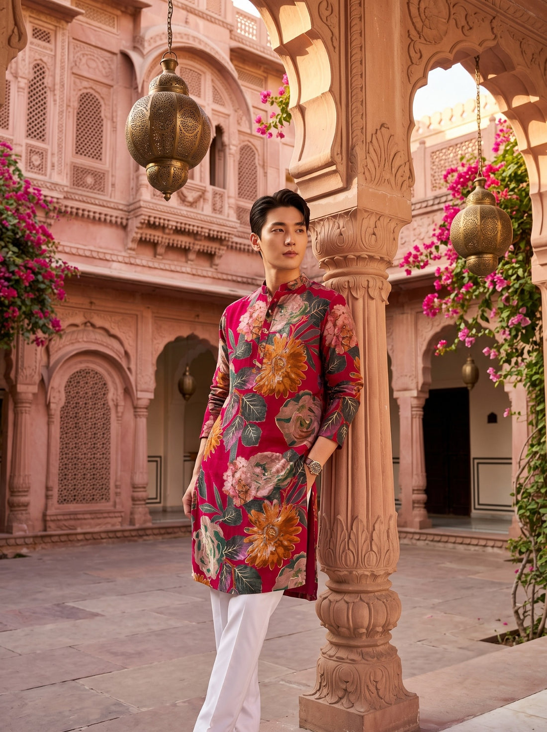 TryBuy TB_21141 men's fuchsia magenta floral print kurta, front detail emphasizing the beige, pink, green and orange oversized botanical pattern.