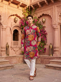 Men's Fuchsia Multicolour Floral Print Viscose Rayon Blend Kurta