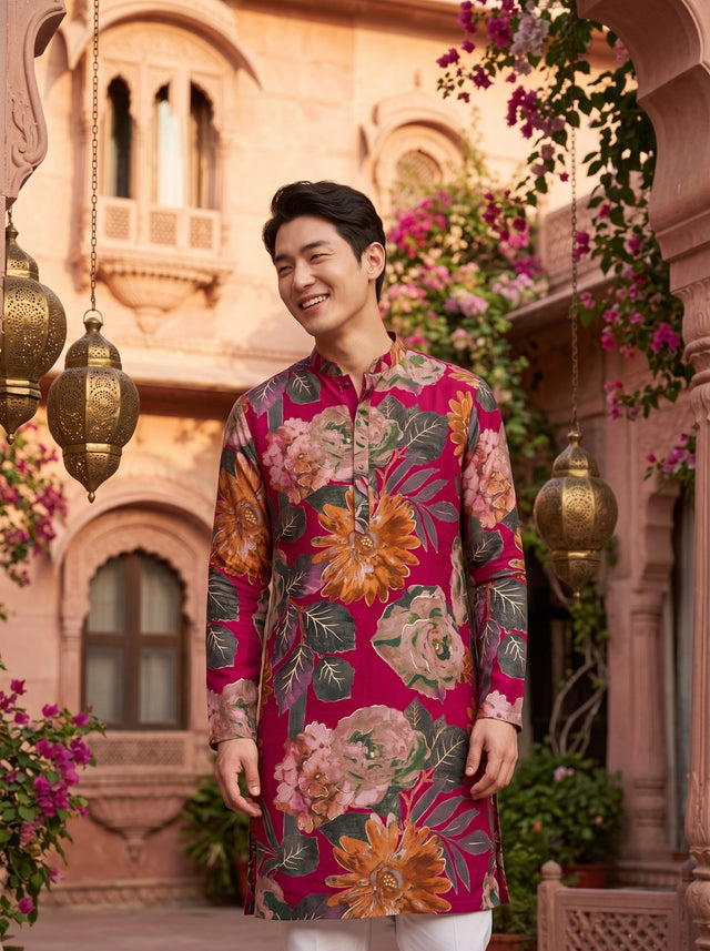 TryBuy TB_21141 men's fuchsia magenta floral print kurta, smiling full-length view showing the regular fit, full sleeves and long straight silhouette.