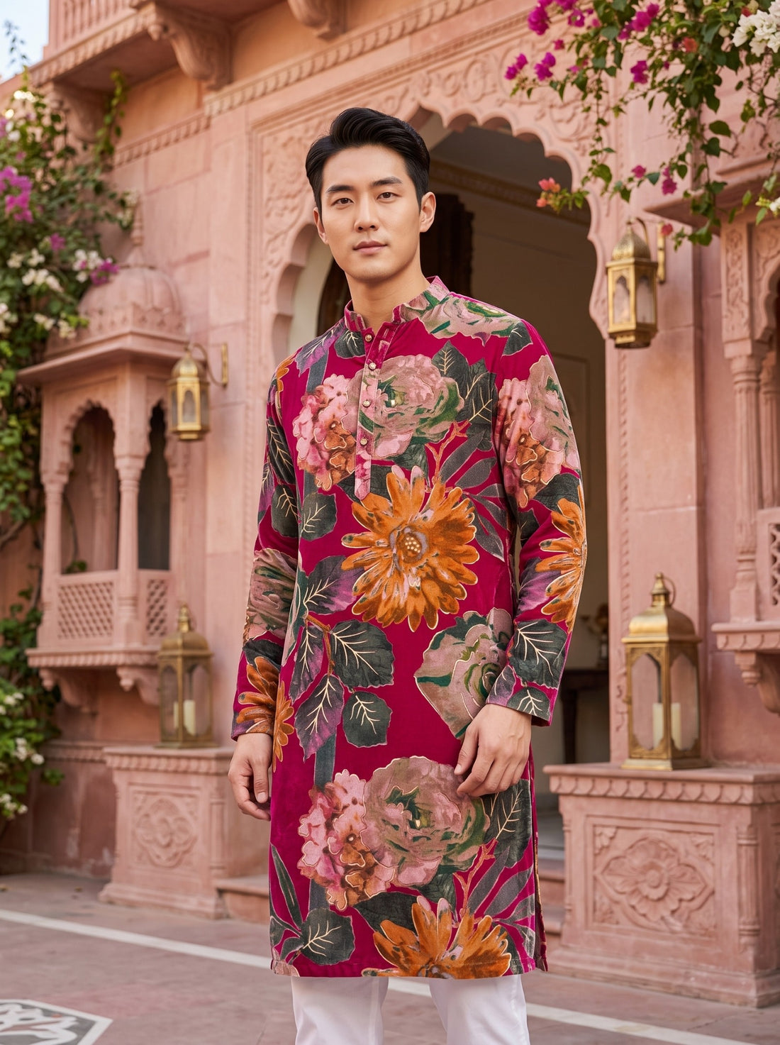 TryBuy TB_21141 men's fuchsia magenta oversized floral print kurta, leaning lifestyle view highlighting the multicolour botanical design.