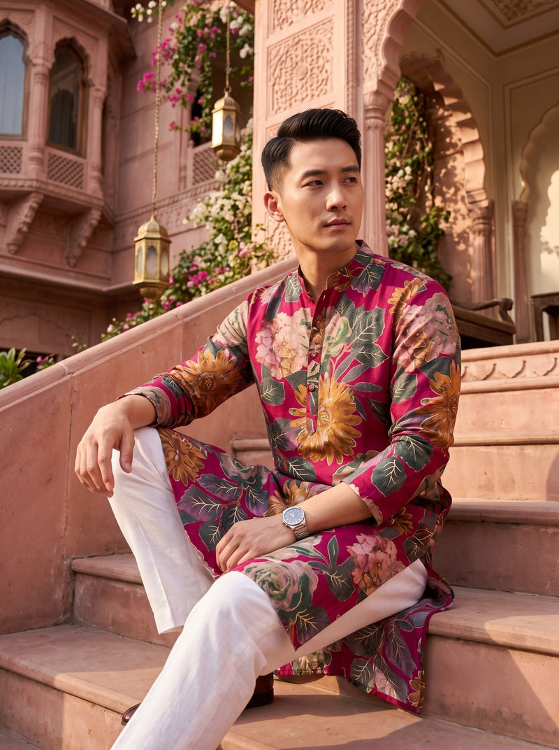 Men's Fuchsia Multicolour Floral Print Viscose Rayon Blend Kurta 9