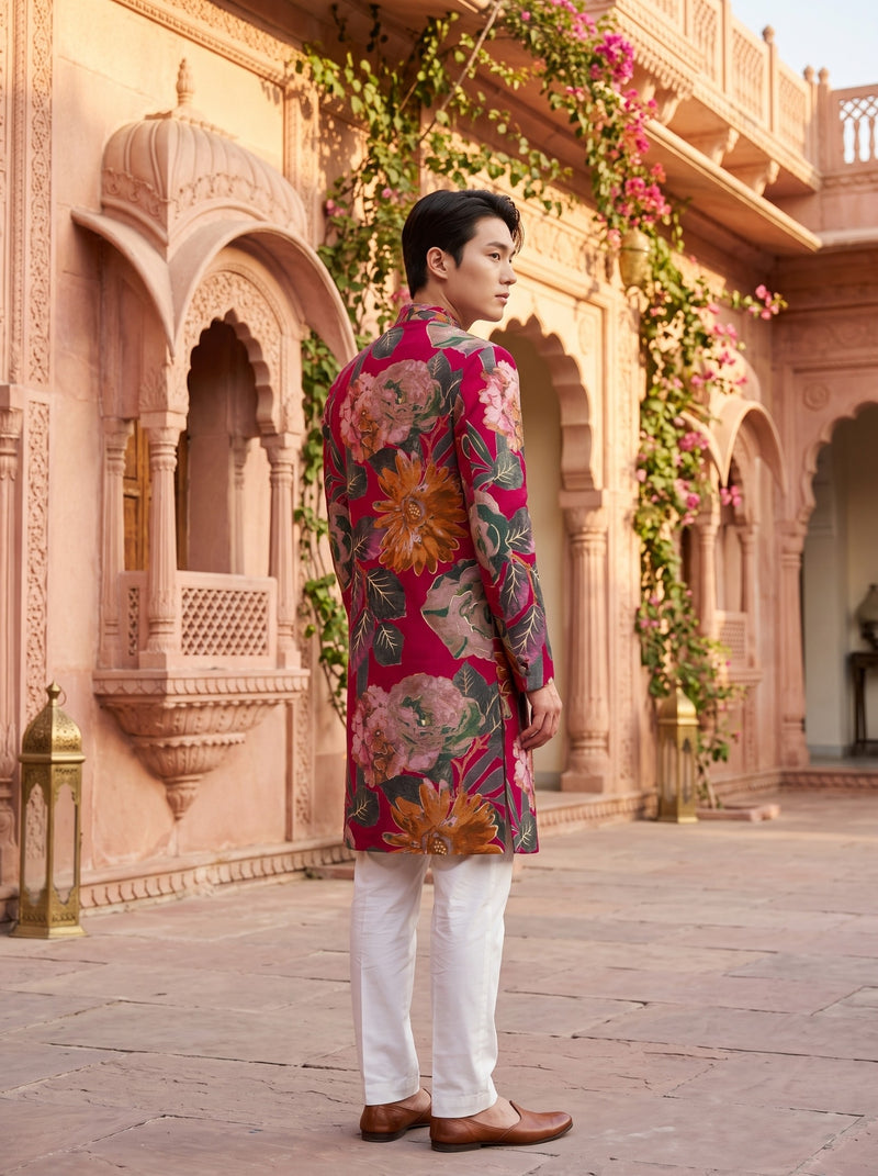 Men's Fuchsia Multicolour Floral Print Viscose Rayon Blend Kurta 7