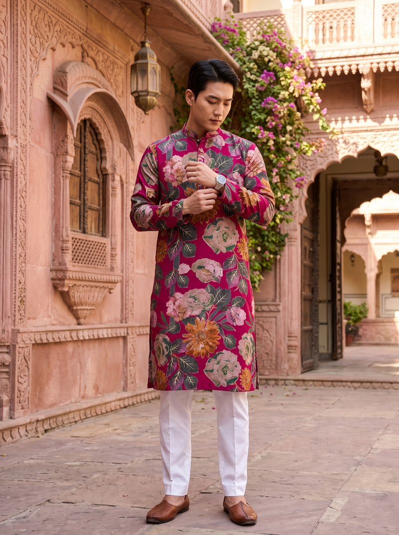 Men's Fuchsia Multicolour Floral Print Viscose Rayon Blend Kurta 10
