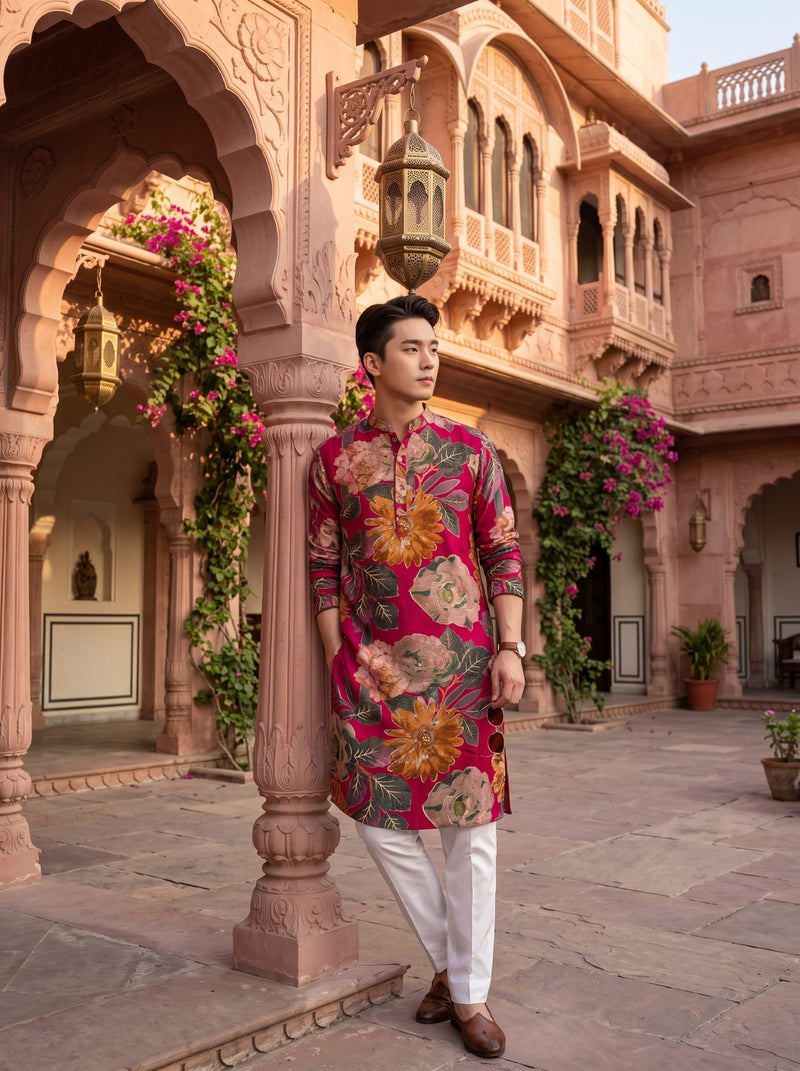 Men's Fuchsia Multicolour Floral Print Viscose Rayon Blend Kurta 4