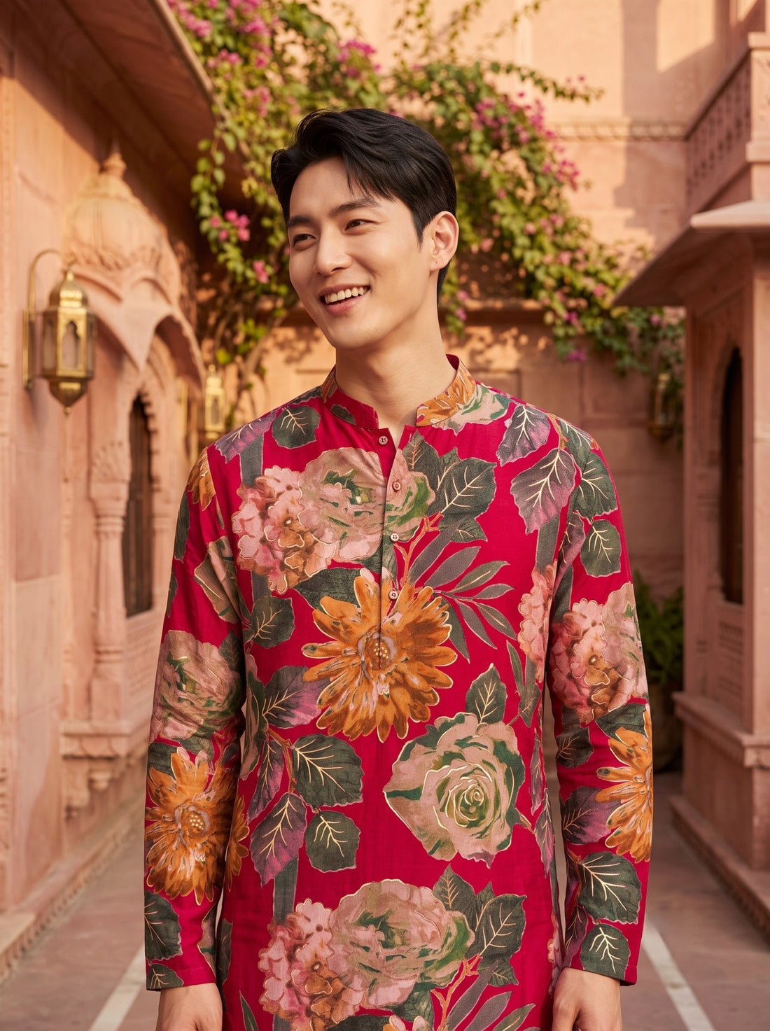 TryBuy TB_21141 men's fuchsia magenta oversized floral print kurta, upper-front lifestyle view highlighting the mandarin collar and multicolour botanical pattern.