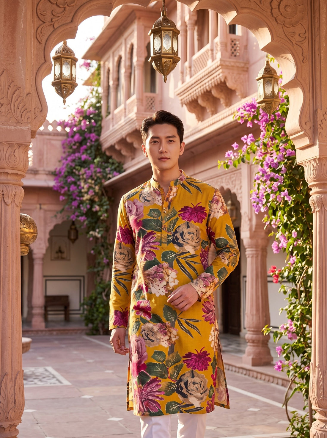 TryBuy TB_21142 men's mustard multicolour floral print kurta, front lifestyle view framed by an arch and highlighting the mandarin collar and bold floral motifs.