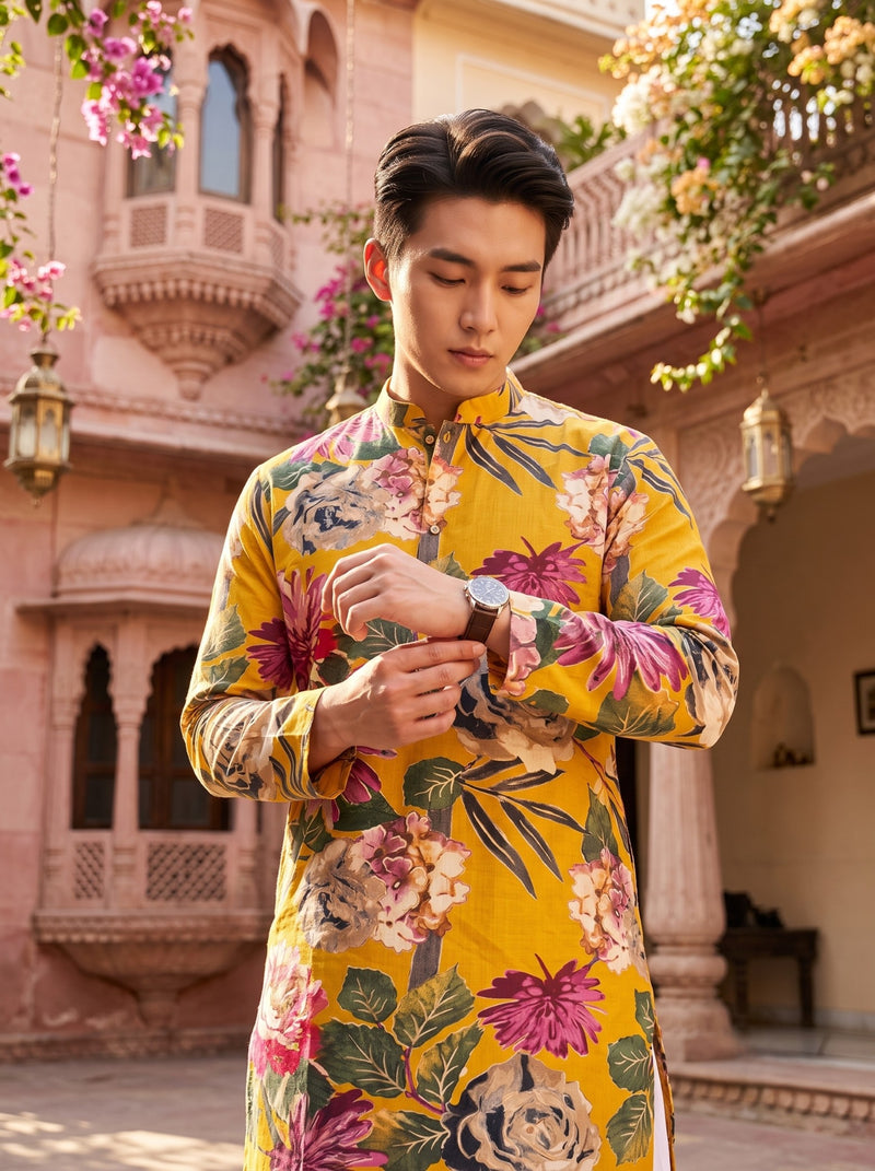 Men's Mustard Yellow Multicolour Floral Print Viscose Rayon Blend Kurta 11