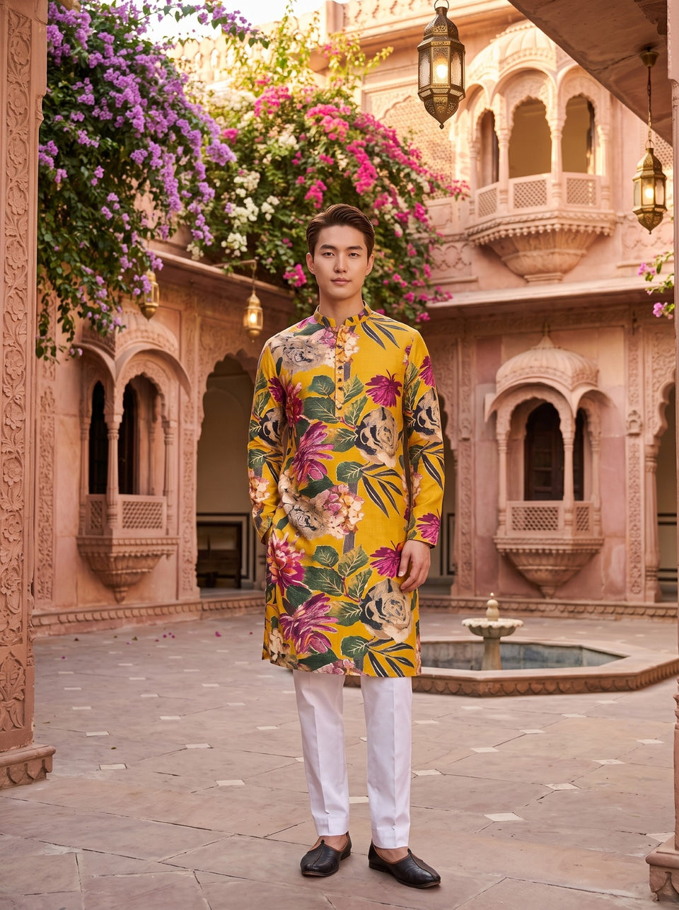 TryBuy TB_21142 men's mustard floral print kurta, full-front view with mandarin collar, full sleeves and oversized multicolour botanical motifs.