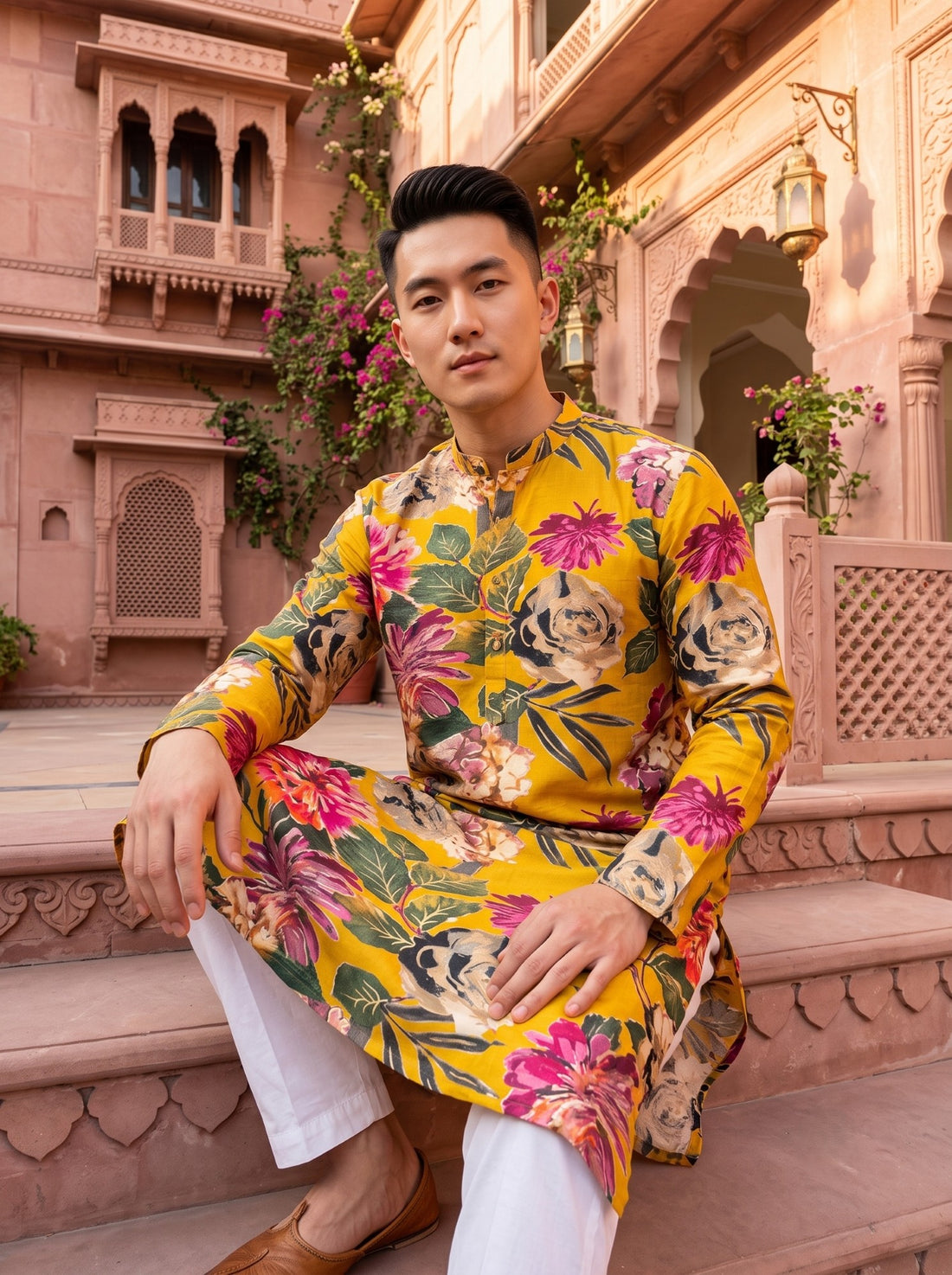 TryBuy TB_21142 men's mustard multicolour floral print kurta, seated lifestyle view styled with light ethnic trousers for festive occasions.