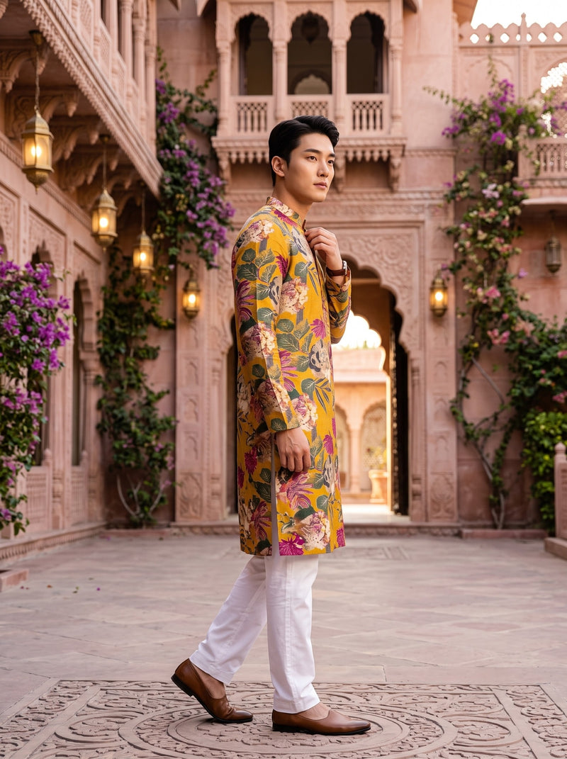 Men's Mustard Yellow Multicolour Floral Print Viscose Rayon Blend Kurta 7
